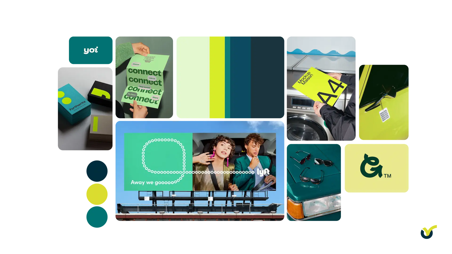 Moodboard voor de branding van Leasetoppers, met groen/gele kleuren en leuke grafische stijlelementen