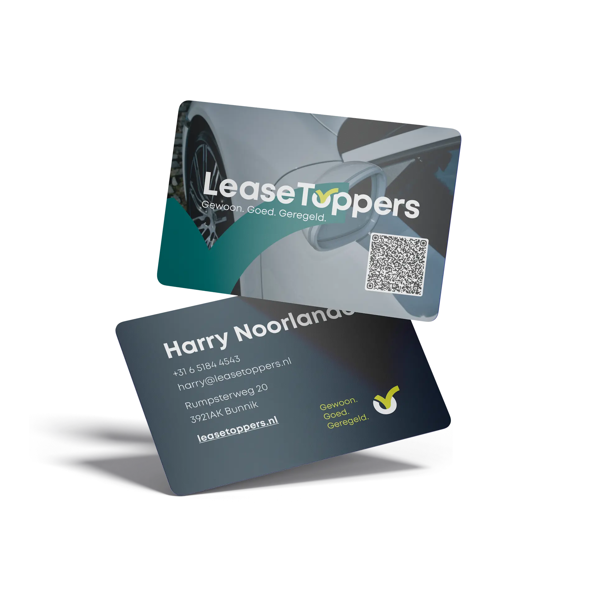 Visitekaartje van Harry Noorlander voor de branding van Leasetoppers